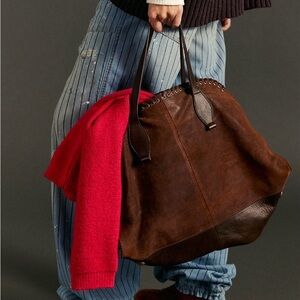 Free People Brown Leather Oversized Shoulder Tote with Dark Brown Handles